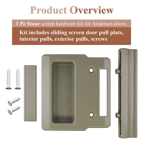 Stone Screen Hardware Kit For A-Series Patio Doors That Glide And Swing, Fits Frenchwood Narroline Perma-Shield Two And Three Panel Models From 1982 To Present, Includes Sliding Screen Pull Plate, Interior And Exterior Pulls, Screws.