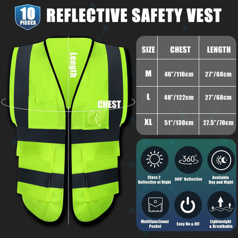 10 Pack Reflective Safety Vests With Pockets And Zipper, High Visibility Work Vests For Men And Women, size chart in view