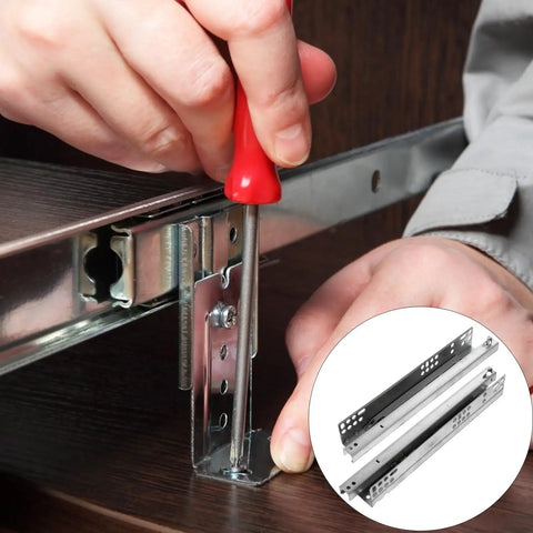 Two Pack Drawer Slide Rails With Silent Buffer And Soft Close installation on wooden cabinet with screwdriver