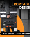 Portable Solid 2 In 1 Folding Workbench And Sawhorse Hybrid held upright, showcasing its feasible carrying design.