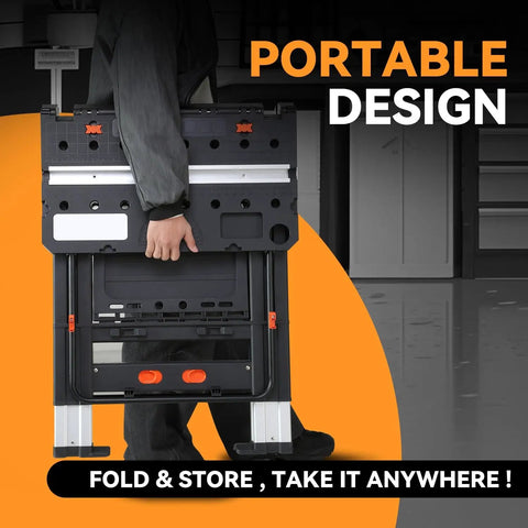 Portable Solid 2 In 1 Folding Workbench And Sawhorse Hybrid held upright, showcasing its feasible carrying design.