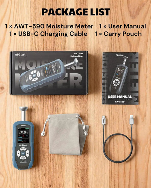 Rechargeable Pinless Moisture Meter For Wood Drywall And Masonry With Adjustable Alarm Data Records Noninvasive Hemispherical Sensor For Fast Pro Grade Home Water Leak Checks kit with USB-C cable, pouch, manual