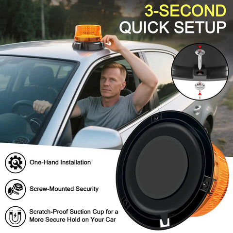 Person installing Beefy Magnetic Amber Strobe Light Beacon For Trucks And Heavy Duty Vehicles on car roof