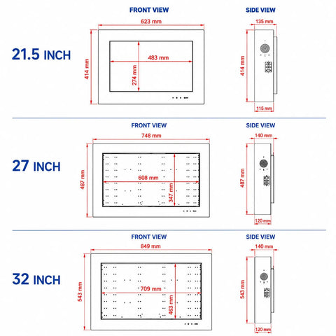 Dimensions diagram for Top Shelf 27 Inch 2000 Nits Outdoor Wall Mount Digital Signage Led Display with measurements.