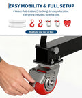 Hand adjusting caster on Beefy 1 Ton Gantry Crane With Manual Trolley And Hook Sling, 12 Locking Positions From 97 To 141 Inches.