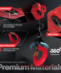 Front view of VIVOHOME 3-in-1 electric hoist winch; red housing, wire rope, heavy-duty hook, remote control