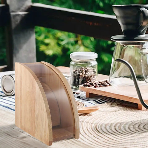 Sweet Wooden Coffee Filter Holder Box Fan Design Compact Countertop Storage Organizer For Hand Drip Brewing on a wooden table.
