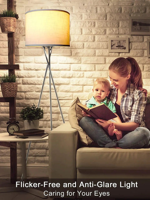Mother and child reading near Tripod Floor Lamp With Remote And Touch Control, LED 3 Color Temperatures, cozy white finish