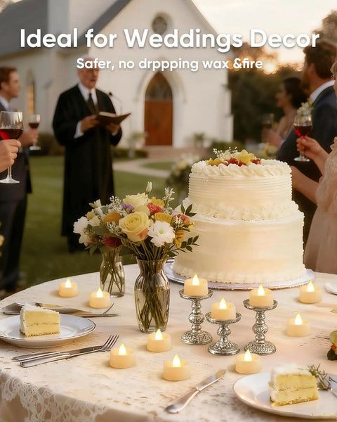30 Pack Flickering Flameless Tea Lights Battery Operated for Wedding Table with cake and flowers, realistic candle look