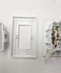 No Fuss White Duplex Electrical Wall Outlet With Grounded Three Prong Receptacle And Snazzy Beveled Cover Plate featuring parts layout.