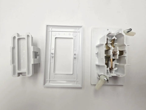 No Fuss White Duplex Electrical Wall Outlet With Grounded Three Prong Receptacle And Snazzy Beveled Cover Plate featuring parts layout.