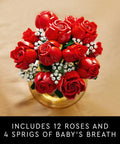 Bouquet Of Realistic Red Roses Buildable Artificial Flower Set For Adults 18 Plus Mindful DIY Home Decor Gift For Her Birthdays Table Centerpiece 10328, 12 roses in gold vase