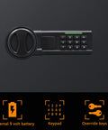 Close-up of the digital keypad and lock on heavy duty home safe with digital keypad lock box for documents cash jewelry and valuables 1.8 cubic feet black finish secure storage for home or office.