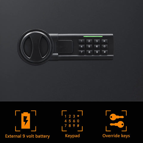 Close-up of the digital keypad and lock on heavy duty home safe with digital keypad lock box for documents cash jewelry and valuables 1.8 cubic feet black finish secure storage for home or office.