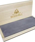 Ultra Fine Black Translucent Whetstone Sharpening Kit With Genuine Arkansas Novaculite Made In USA 8 By 3 By 1/2 Inches Razor Sharp Finish Handcrafted Wood Box For Easy Storage in open box showing stone