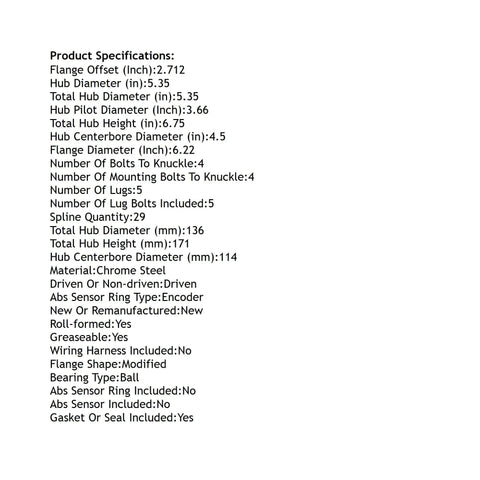 Specifications for Nissan Quest Front Hub Bearing Assembly Without ABS 5 Lug 2003 2009, showing dimensions and features.