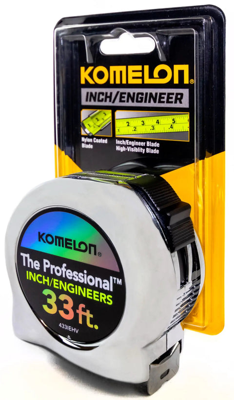 Workhorse High Visibility Pro Tape Measure With Inch And Engineer Scales 33 Feet Long 1 Inch Wide Chrome Case in packaging