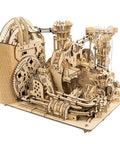 Side view of 0.55 Inch Mechanical Marble Run Model And 3D Wooden Puzzle With Electric Motor For Adults, showcasing intricate wooden gears.