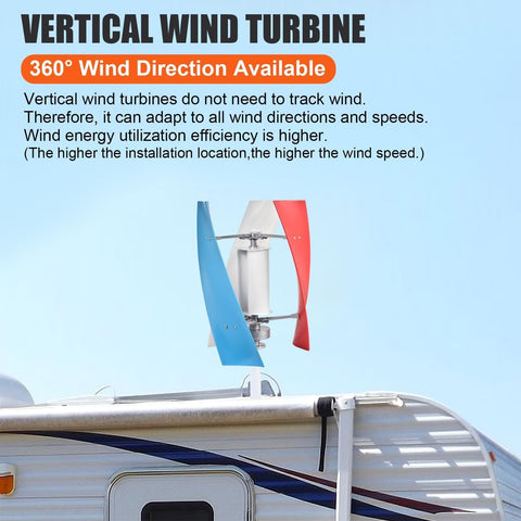 3000W Wind Turbine Kit With 12V 24V Vertical Axis Maglev Generator on top of a camper, showcasing blue and red blades.