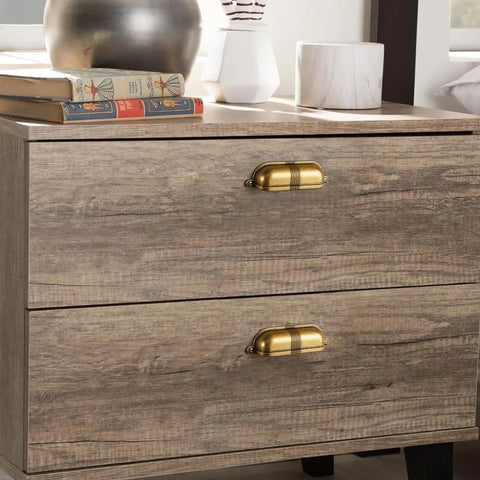 Six Pack 3 Inch Antique Brass Cup Pulls With Textured Strap Design installed on wooden dresser drawers.