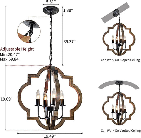 Rustic Farmhouse Chandelier For Dining Room With Adjustable Height Chain, 19.49 Inch Wood And Black Metal Pendant Light Over Table, Cozy Vibe For Kitchen Island And Hallway Dining Area Decor