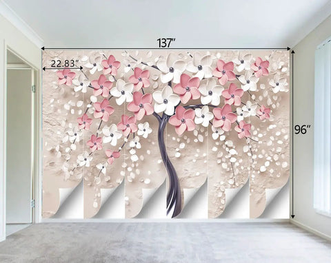 3D Relief Abstraction Pink Flower Tree Mural For Bedroom And Living Room, 160 X 108 Inch Fabric Wallpaper in 7 Panels