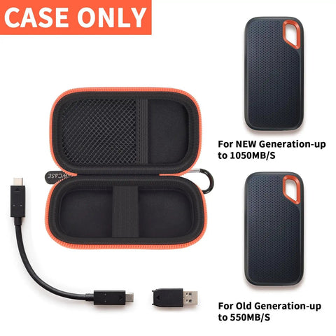 Hard Case For SanDisk Extreme Portable SSD Built Tough Rugged Foam Padding And Mesh Pocket For USB Cables And SD Cards Custom Fit External Drive Protector In Bright Orange Zipper with interior view and cable