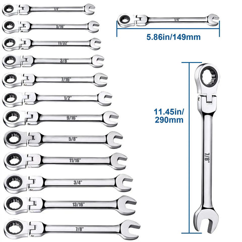 12 Piece SAE Flex Head Ratcheting Wrench Set With One Quarter Inch To Seven Eighths Inch Wrenches In Chrome Vanadium Steel