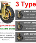 Heavy Duty 8 Inch And 10 Inch Pneumatic Rubber Caster Wheel Set Of 4 Slick Rollin Swivel Casters With Integrated Brakes close-up of brake caster type.