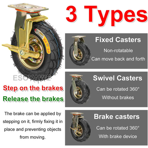 Heavy Duty 8 Inch And 10 Inch Pneumatic Rubber Caster Wheel Set Of 4 Slick Rollin Swivel Casters With Integrated Brakes close-up of brake caster type.
