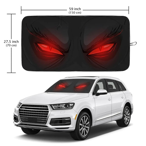 Universal Car Windshield Sun Shade Foldable Front Window Cover Blocks UV Rays and Heat Easy Install Fits Most Vehicles 59 By 27.5 Inches on SUV with red eye design