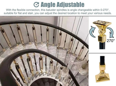 Heavy Duty Cuttable Aluminum Balusters Featuring Adjustable Angles And Tough Base Plates Decorative Oval Stair Spindles For Deck Balcony Railings 10 Pack Snap Fit Setup in a curved staircase view.
