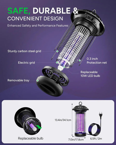 Led Bug Zapper For Indoor And Outdoor Use With Dual Band Attraction And Dual Color LEDs 365nm And 395nm with components labeled