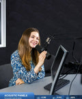 Amp Up Your Room Acoustics 42 Pack Hexagon Peel And Stick Acoustic Panels High Density Polyester Felt Foam Wall Tiles For Home Studio And Gaming Setup Crisp Clear Audio Vibes, girl speaking into microphone in studio.
