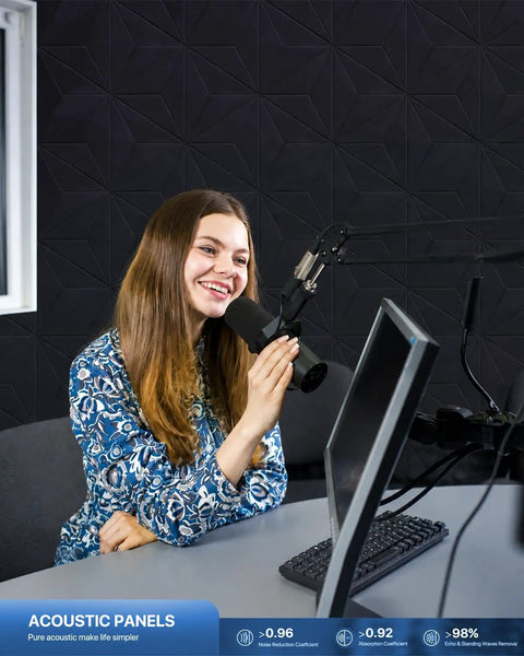 Amp Up Your Room Acoustics 42 Pack Hexagon Peel And Stick Acoustic Panels High Density Polyester Felt Foam Wall Tiles For Home Studio And Gaming Setup Crisp Clear Audio Vibes, girl speaking into microphone in studio.
