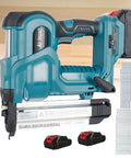 Slick Cordless 2 In 1 Electric Brad Nailer And Tacker with adjustable depth control and battery packs shown.