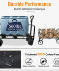 Heavy Duty Folding Wagon Cart With Wheels 560Lbs Load 240L Capacity showing weight capacity and durable fabric.