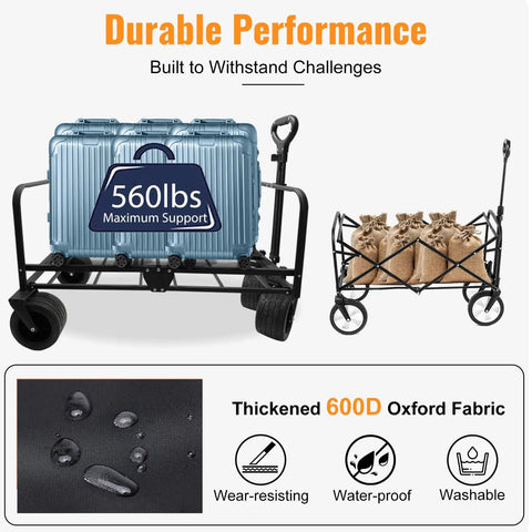 Heavy Duty Folding Wagon Cart With Wheels 560Lbs Load 240L Capacity showing weight capacity and durable fabric.