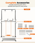 Diagram of Adjustable Archery Target Stand For 30 Inch Bags And Foam Targets with labeled parts and accessories shown.