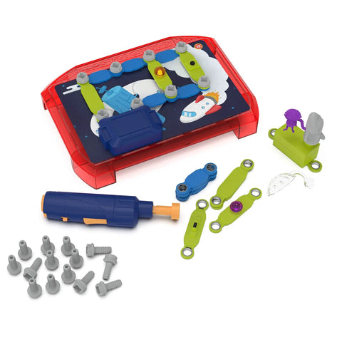 Space Circuits Beginner Circuit Building Kit For Kids 52 Piece STEM Toy With Kid Friendly Drill displayed on space-themed board