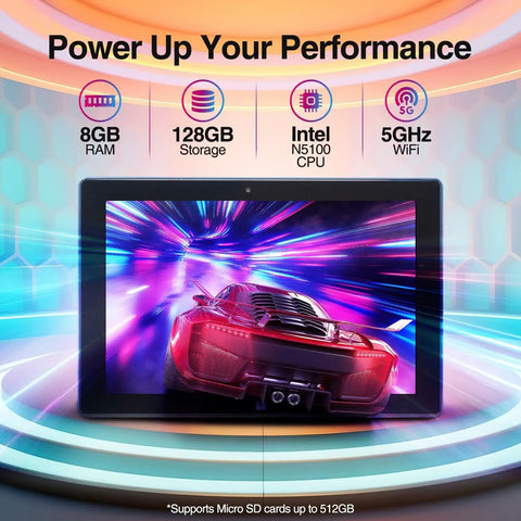 Slick 10.1 Inch Windows 11 Tablet Pc Featuring Intel N5100 Quad Core, 8GB Ram displaying vibrant graphics for enhanced performance.