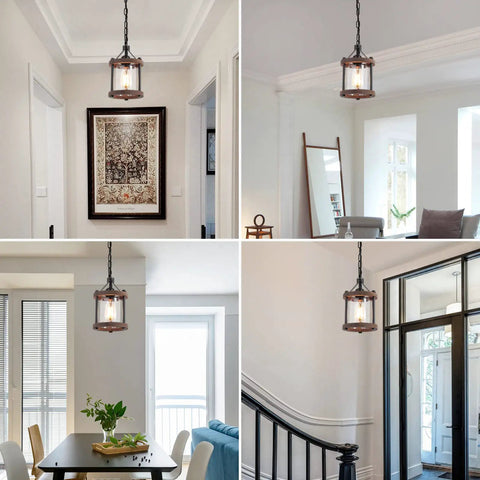 Cozy Farmhouse Style Plug In Pendant Light With Rustic Wood And Glass Cylinder, Industrial Hanging Lighting Fixture For Kitchen Island.