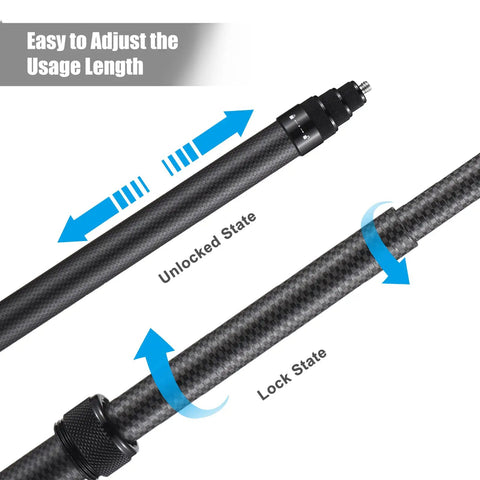 Carbon Fiber Selfie Stick With Telescopic Shaft Reaches Near Fifty Nine Inches showcasing adjustable locking mechanism for length control.