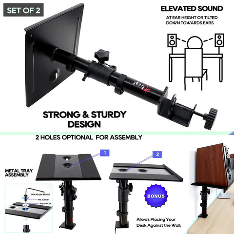 Clamp On Desk Speaker Stands For Dual Monitors, Height Adjustable Tilt, showing metal platform and assembly details.