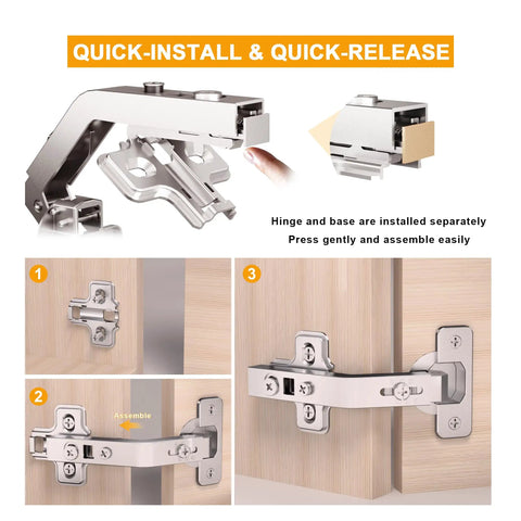4 Pack 135 And 165 Degree Lazy Susan Hinges Slick Tool Free Clip On Setup For Corner Cabinets Smooth Operator Soft Close Bifold Design installation process with hinge and base clips.