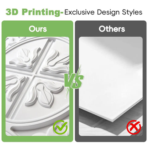 Comparison of 3D printed exclusive design style for 2x2 Drop Ceiling Tiles 12 Pack PVC Glue Up Panels vs flat design.