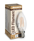 10-Pack Clear B11 LED Filament Bulb 5W E12 Candelabra Base 2700K Warm White 500 Lumens box and bulb