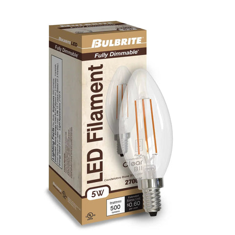 10-Pack Clear B11 LED Filament Bulb 5W E12 Candelabra Base 2700K Warm White 500 Lumens box and bulb