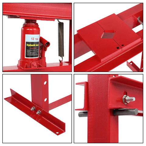Close-up of red 12 Ton Hydraulic Shop Press With Adjustable H-Frame, showing press plates and components for auto and metalworking.