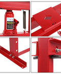 Close-up of 12 Ton Hydraulic Shop Press With H Frame And Adjustable Table Height in red, featuring metal components and bottle jack.